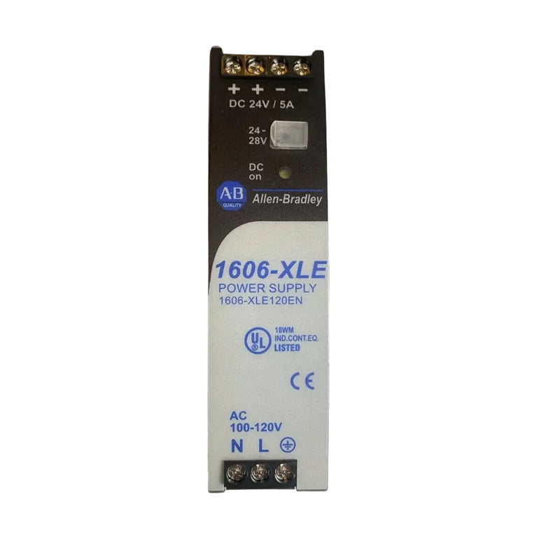 Allen-Bradley 1606-XLE120EN 120W power supply, 24V DC, 5A, DIN rail mount, compact switched mode unit