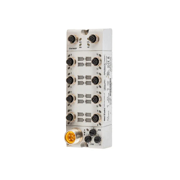 ArmorBlock I/O, 16 configurable I/O, M12 connectors, IP67-rated for harsh industrial environments.