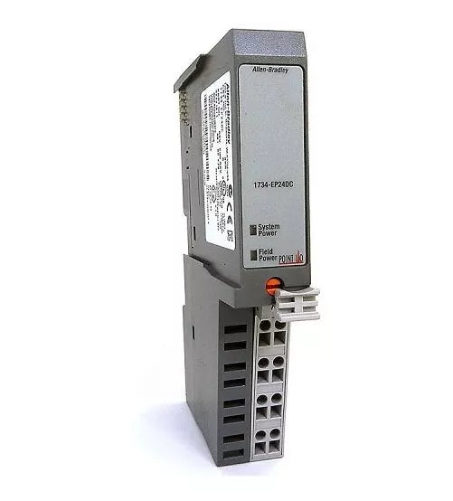 Allen-Bradley 1734-EP24DC expansion power supply, 24V DC, for isolating and powering additional POINT I/O module banks on DIN rail.