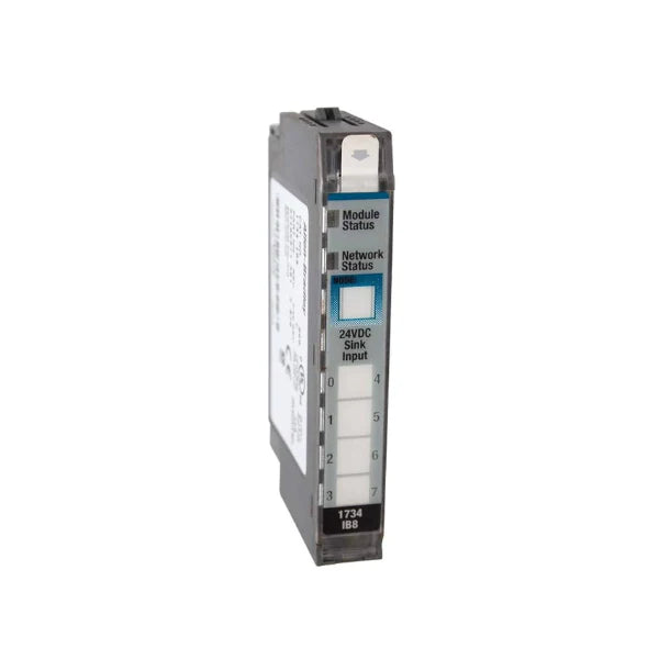 POINT I/O digital input module, 8-channel, 24V DC sinking, DIN rail mount, compact for industrial automation.