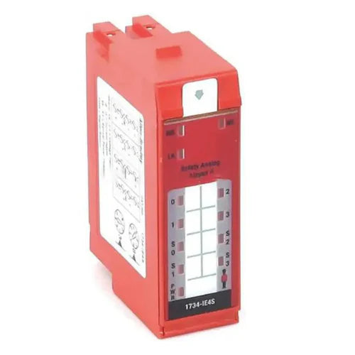 Allen-Bradley 1734-IE4S POINT Guard I/O safety analog input module, 4-channel, 24V DC, 12-bit resolution, IP20, DIN rail mount.