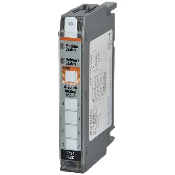 Allen-Bradley 1734-IE8C 8-channel analog input module, 4–20 mA, 16-bit, compact POINT I/O design for current signal acquisition.