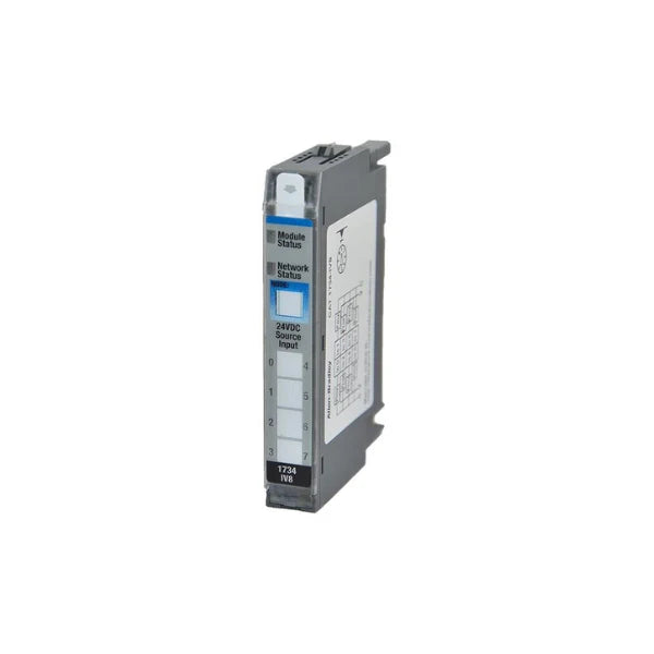 digital input module, 8-channel, 24V DC sourcing, POINT I/O, DIN rail mounted, compact design.