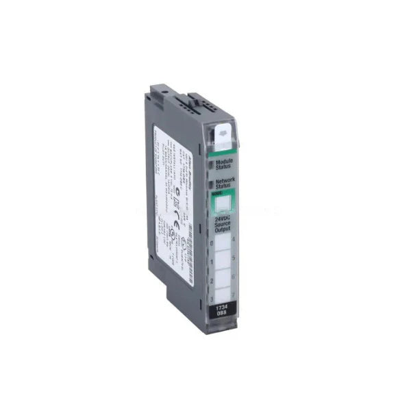 1734-OB8K POINT I/O module, 8-channel 24V DC sourcing digital output, keyed, compact DIN rail mount for distributed control.