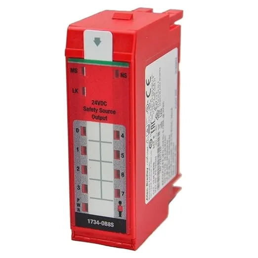 Allen-Bradley 1734-OB8S safety output module, 8-channel, 24V DC sourcing, SIL 3/PLe CIP Safety POINT I/O system, compact and DIN-rail mounted.