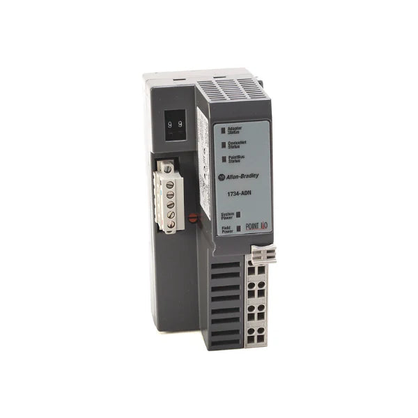 Allen-Bradley 1734-ADN DeviceNet adapter, 24V DC, supports 63 POINT I/O modules, DIN rail mount.