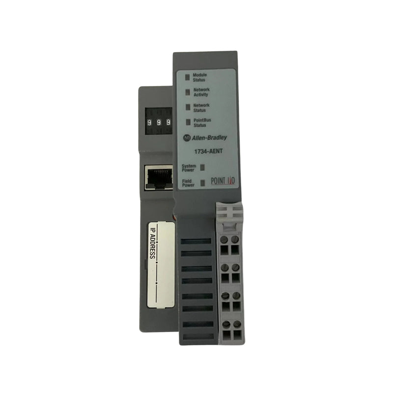 Allen-Bradley 1734-AENT EtherNet/IP adapter, single-port network interface for POINT I/O, supports up to 63 modules in compact systems.