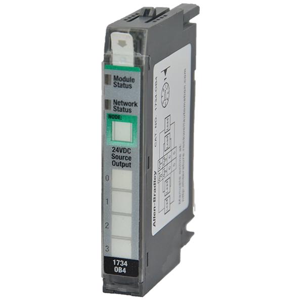 Allen-Bradley 1734-OB4 POINT I/O module, 4-point 24V DC sourcing outputs, compact DIN rail mount, for distributed control systems.