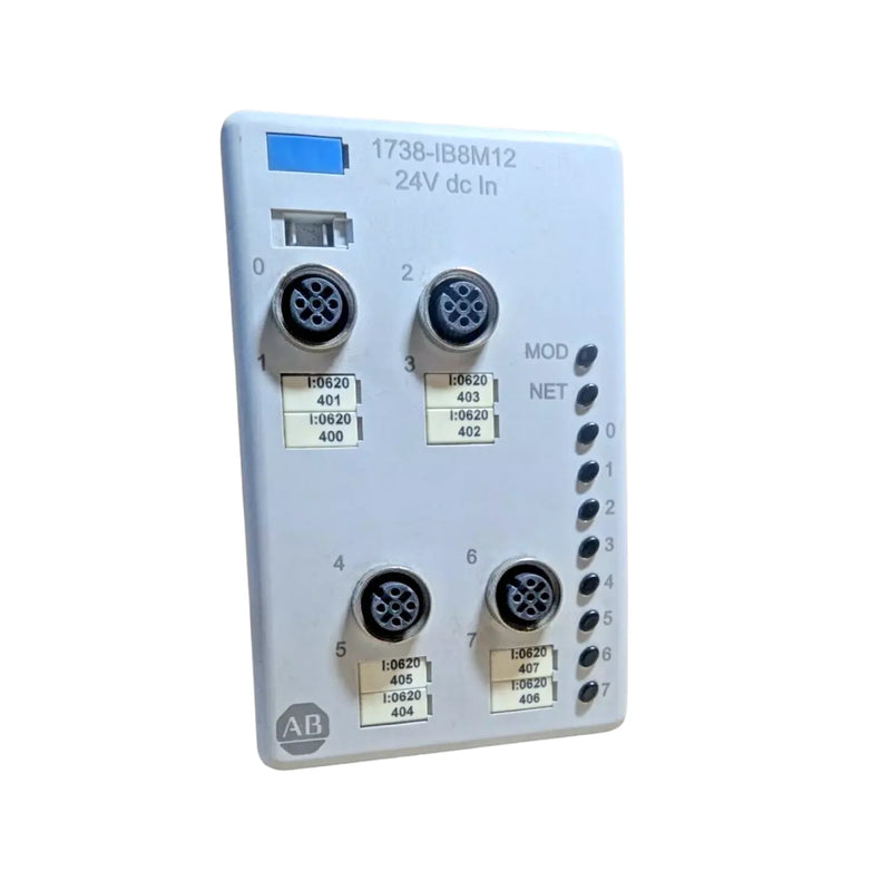 Allen-Bradley 1738-IB8M12 8-point DC sinking input module with M12 connectors, IP69K-rated for on-machine industrial applications.