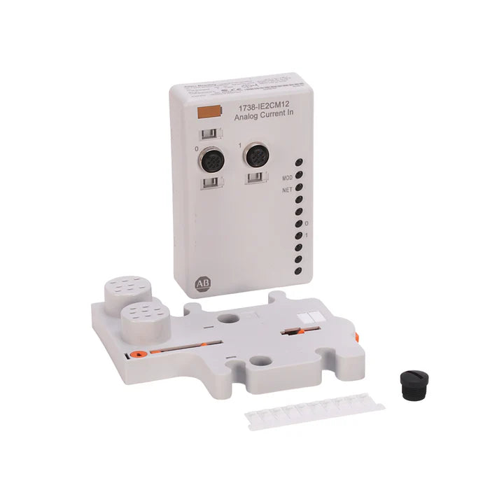Allen-Bradley 1738-IE2CM12 2-channel analog current input module with M12 connectors, IP69K-rated for on-machine applications.