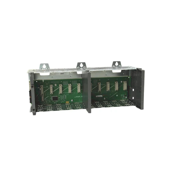 SLC 500 chassis, 10-slot rack with backplane, supports I/O and processor modules, DIN or panel mount.