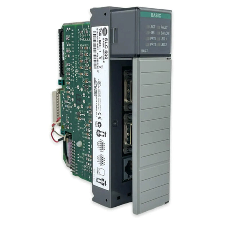 Allen-Bradley 1746-BAS SLC 500 BASIC module, RS-232/RS-485 communication, ASCII and DF1 support, industrial serial device integration.