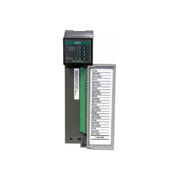 RTD input module, 8-channel, 16-bit resolution, SLC 500 platform, supports 2- and 3-wire Pt100 and other RTD sensors.