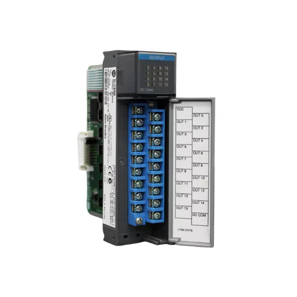 1746-OV16 SLC 500 digital output module, 16 points, 24V DC sourcing for industrial automation control.