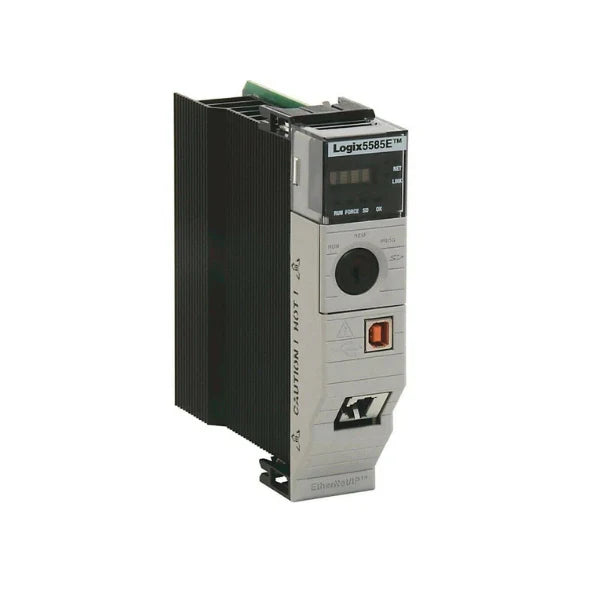 ControlLogix 5580 controller with 10 MB user memory, gigabit Ethernet, USB port, and IP20 enclosure.