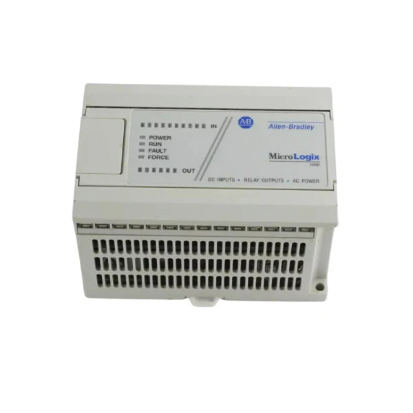 Allen-Bradley 1761-L16BWA MicroLogix 1000 PLC, 16 I/O, 120V AC input, relay output, RS232 communication.