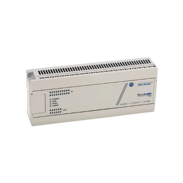 MicroLogix 1000 PLC, 32 I/O, 120V AC, 12 relay outputs, RS-232 communication, compact design.