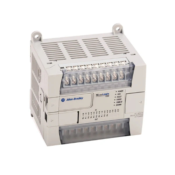 MicroLogix 1200 PLC, 24V DC, 14 DC inputs, 10 relay outputs, RS-232/RS-485 communication, DIN rail mount.