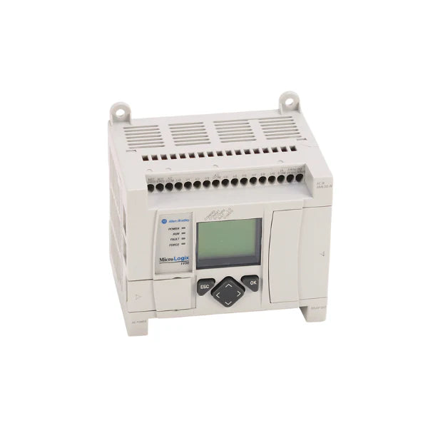 MicroLogix 1100 PLC, 120V AC, 10 inputs, 6 relay outputs, 2 analog inputs, Ethernet, LCD display.