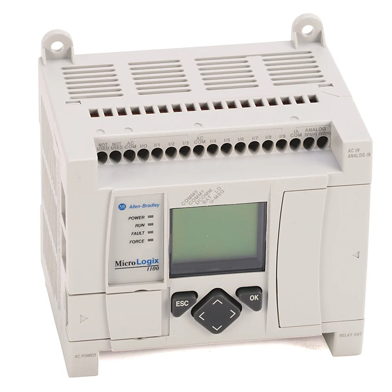 Allen-Bradley 1763-L16BWA MicroLogix 1100 PLC, 120/240V AC, 10 digital inputs, 2 analog inputs, 6 relay outputs, Ethernet/IP, LCD display.
