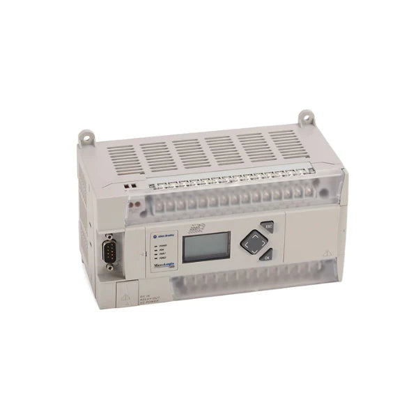 MicroLogix 1400 PLC with 32 I/O, relay outputs, Ethernet/IP, LCD display, compact controller for industrial automation.