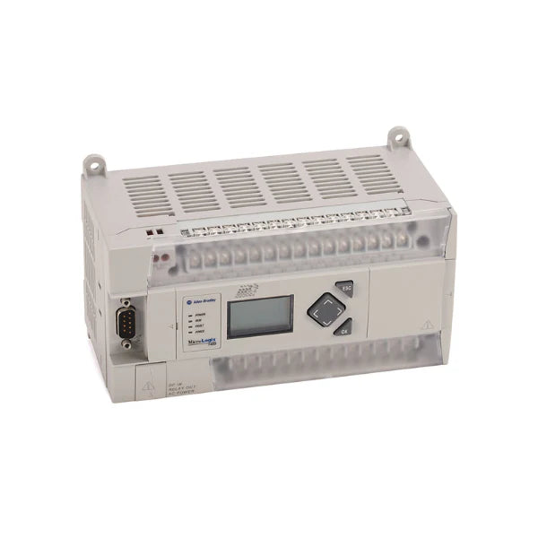 MicroLogix 1400 PLC, 32 I/O, 120/240V AC, relay outputs, Ethernet and RS-232/485 ports, LCD display.