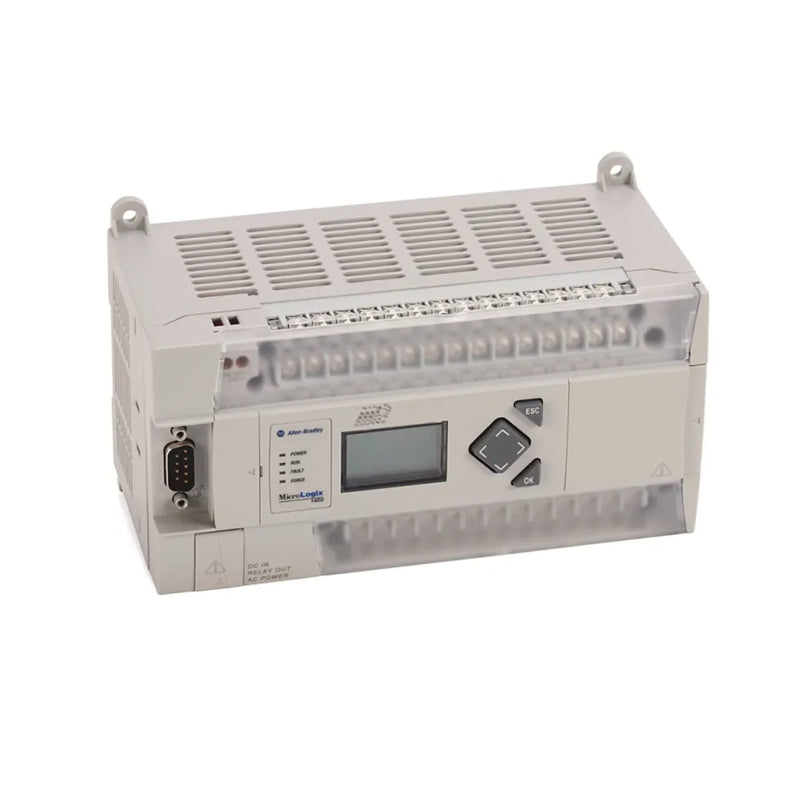 Allen-Bradley 1766-L32BWA MicroLogix 1400 PLC with 32 I/O, relay outputs, AC power, Ethernet/IP, and built-in LCD display.