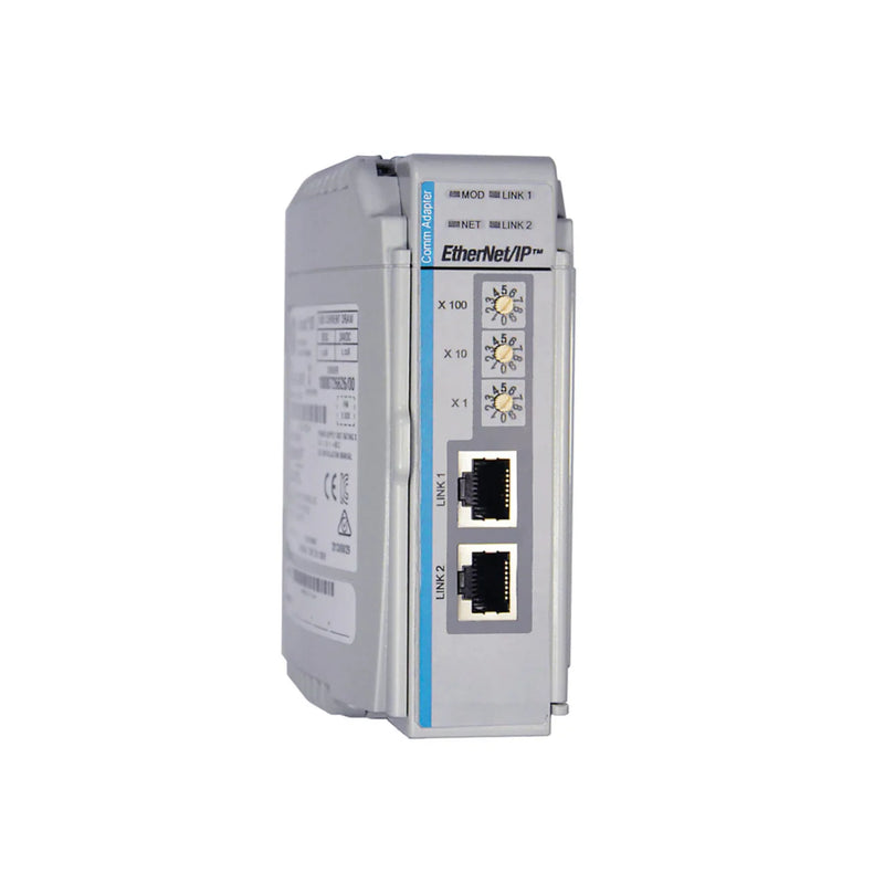 Allen-Bradley 1769-AENTR Compact I/O EtherNet/IP adapter with dual RJ45 ports, DLR support, DIN rail mount.