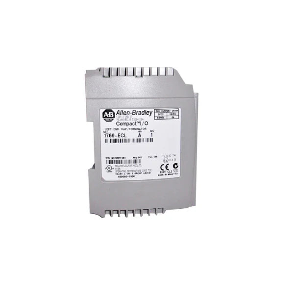 Allen-Bradley 1769-ECL CompactLogix left end cap terminator for 1769 I/O bus systems. Required for communication bus integrity.