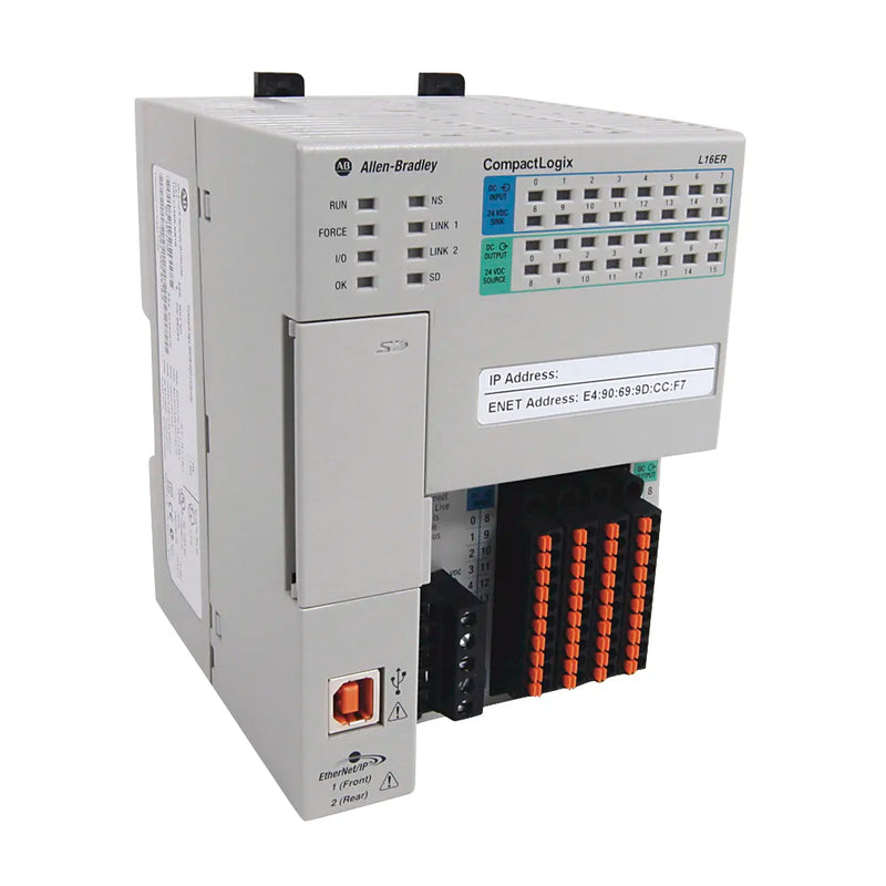 Allen-Bradley 1769-L16ER-BB1B CompactLogix 5370 controller, 0.5MB memory, 16 onboard I/O, dual EtherNet/IP ports, 24V DC.