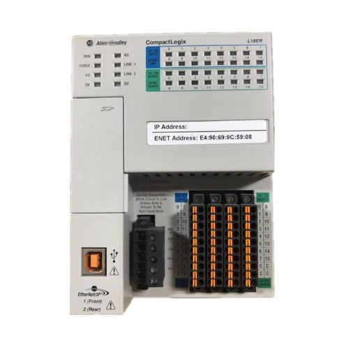 Allen-Bradley 1769-L18ER-BB1B CompactLogix 5370 L1 controller, 512KB memory, 24V DC, 16 digital inputs, 16 digital outputs, dual Ethernet ports with DLR.