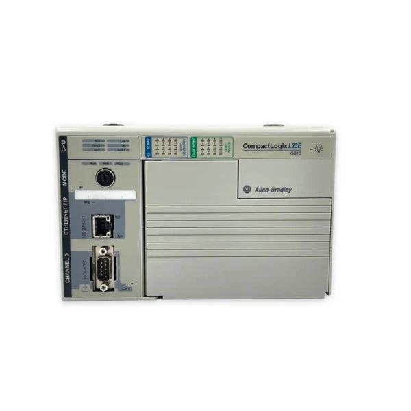 Allen-Bradley 1769-L23E-QB1B CompactLogix controller, 512KB memory, 16 digital I/O, Ethernet & RS-232 ports, 24V DC.