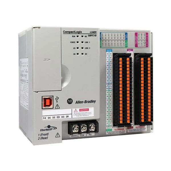 Allen-Bradley 1769-L24ER-QBFC1B CompactLogix controller with 750KB memory, 16 DI, 16 DO, 4 AI, 2 AO, and dual Ethernet ports.