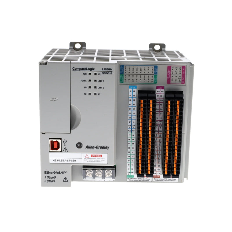 Allen-Bradley 1769-L27ERM-QBFC1B CompactLogix 5370 L2 controller with embedded I/O, EtherNet/IP, and motion control capabilities.