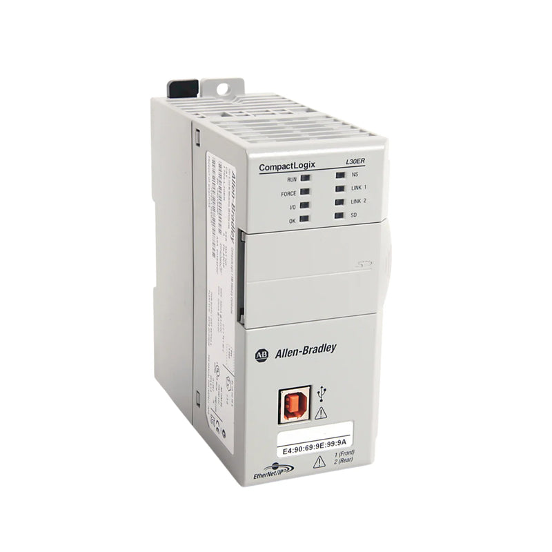 Allen-Bradley 1769-L30ER CompactLogix controller with 1MB memory, dual EtherNet/IP ports, 16 I/O module support, for mid-size automation.