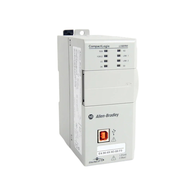 Allen-Bradley 1769-L33ERM CompactLogix controller, 2MB memory, dual EtherNet/IP, 16 motion axes, supports 32 modules, SD and USB ports.