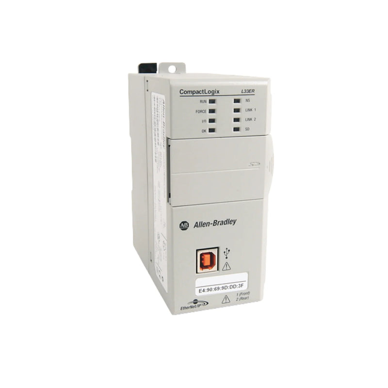 Allen-Bradley 1769-L33ER CompactLogix controller, 2MB memory, dual EtherNet/IP, 8 motion axes, supports 16 I/O modules.