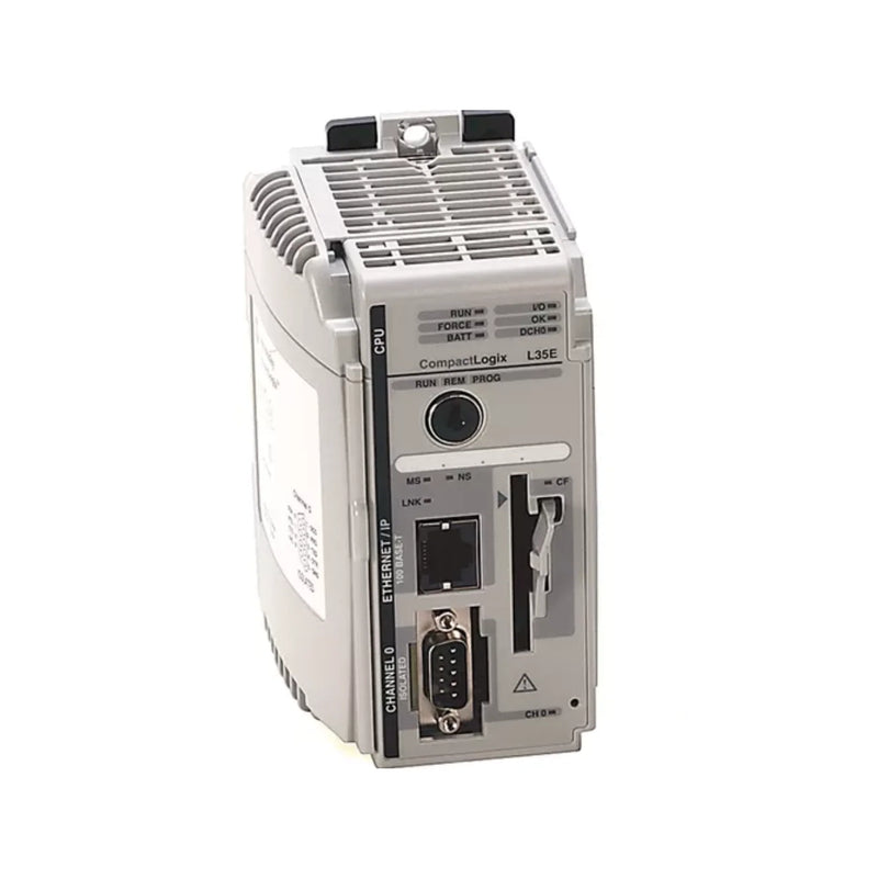 Allen-Bradley 1769-L35E CompactLogix controller with 1.5 MB memory, EtherNet/IP and RS-232 ports, supporting up to 30 I/O modules for scalable automation.