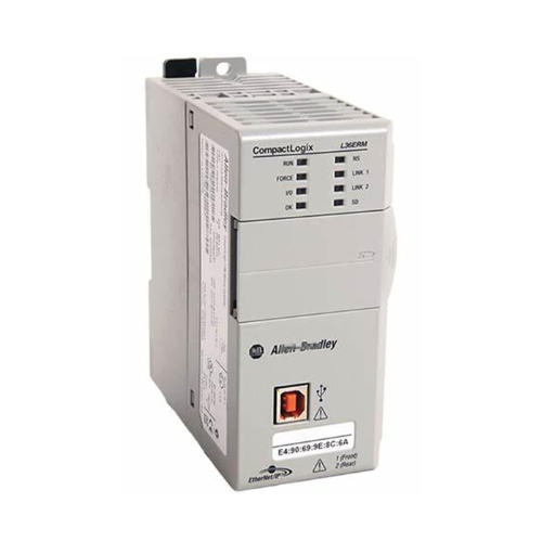 Allen-Bradley 1769-L36ERM CompactLogix 5370 L3 controller, 3 MB memory, dual EtherNet/IP ports, integrated motion control, DIN rail mount.