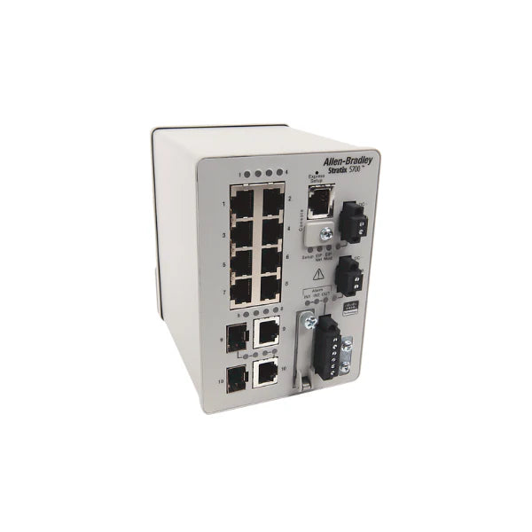 Allen-Bradley 1783-BMS10CL Stratix 2000 unmanaged Ethernet switch, 10 copper ports, 10/100 Mbps, rugged industrial design for network expansion.
