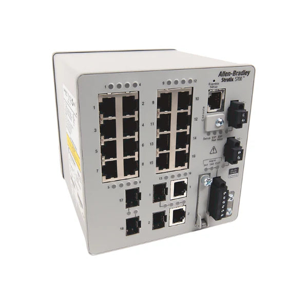 Allen-Bradley 1783-BMS20CGL Stratix 5700 switch, 20-port, 16 copper + 4 SFP, Layer 2 managed, DIN rail mount, industrial Ethernet.