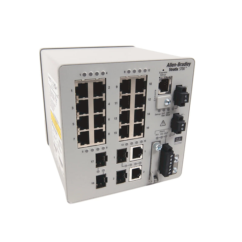 Allen-Bradley 1783-BMS20CGP Stratix 5700 managed Ethernet switch with 16 Fast Ethernet ports, 2 combo gigabit ports, 2 SFP slots, CIP Sync, DLR support.
