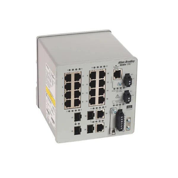 Allen-Bradley 1783-BMS20CL Stratix 5700 managed Ethernet switch, 20-port, DIN rail, industrial network.