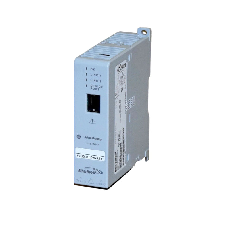 Allen-Bradley 1783-ETAP1F Stratix EtherNet/IP tap with 2 copper ports, 1 fiber LC port, DLR support, 24V DC input, IP20 enclosure.