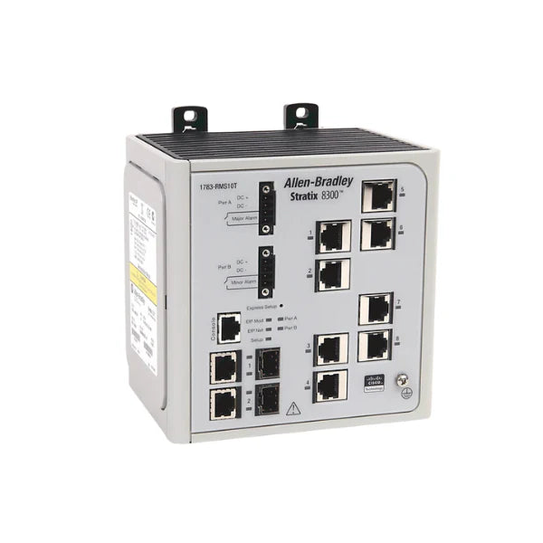 1783-MS10T Stratix 2000 unmanaged Ethernet switch with 10 ports, DIN rail mount, for industrial automation and machine-level networking.