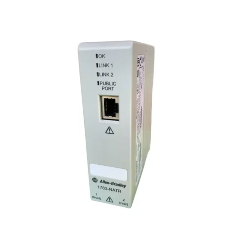 Allen-Bradley 1783-NATR NAT router with 3 RJ45 ports, 24V DC, DIN rail mount, supports 1:1 IP mapping and DLR network topology.