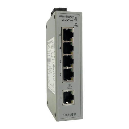Allen-Bradley 1783-US05T Stratix 2000 unmanaged Ethernet switch with 5 Fast Ethernet ports, DIN rail mount, IP20-rated enclosure.