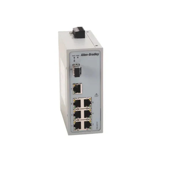 Stratix 5700 switch, 7 copper RJ45 ports + 1 SFP fiber port, Layer 2, managed, DIN rail mount, industrial Ethernet.