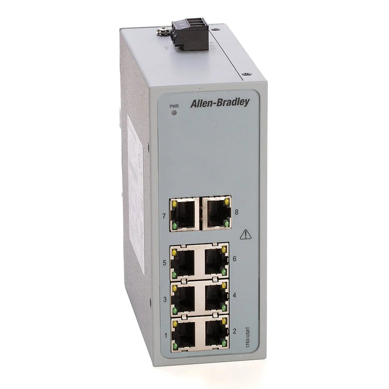 Allen-Bradley 1783-US8T unmanaged 8-port Ethernet switch, Stratix 2000 series, DIN-rail mount, ideal for industrial automation systems.