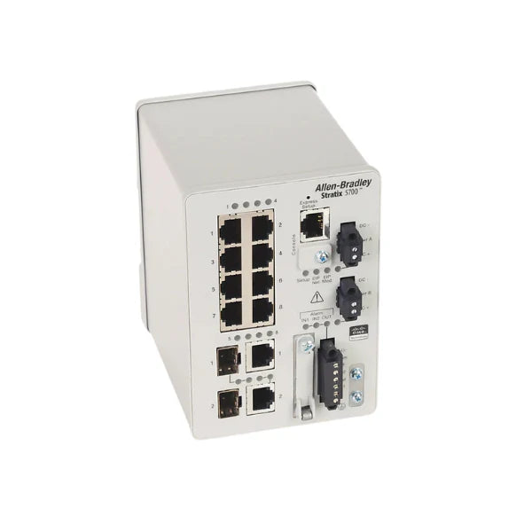 Stratix 5700 managed Ethernet switch, 10 ports, 8 Fast Ethernet, 2 Gigabit combo, DIN rail mount, IP30 enclosure.